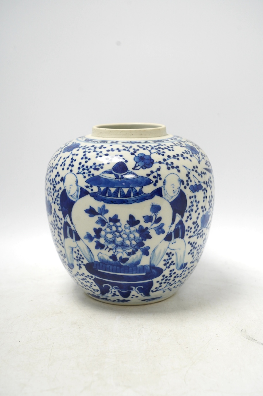 A 19th century Chinese blue and white 'boys' jar (without cover). 19cm high. Condition - good